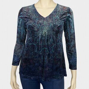 One World Shirt Blue Purple Velvet‎ Tunic Paisley Print Colorful Hippie Medium